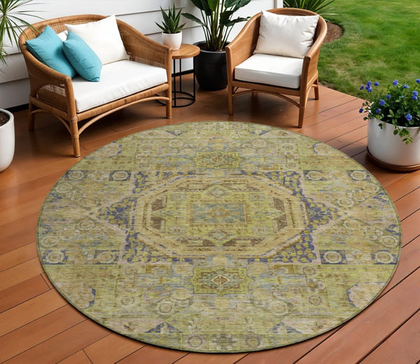 HomeRoots 8' Artichoke Green & Blue Round Medallion Rug - Washable, Stylish, and Durable for Indoor/Outdoor Use 619537