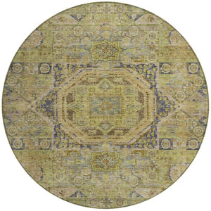 HomeRoots 8' Artichoke Green & Blue Round Medallion Rug - Washable, Stylish, and Durable for Indoor/Outdoor Use 619537