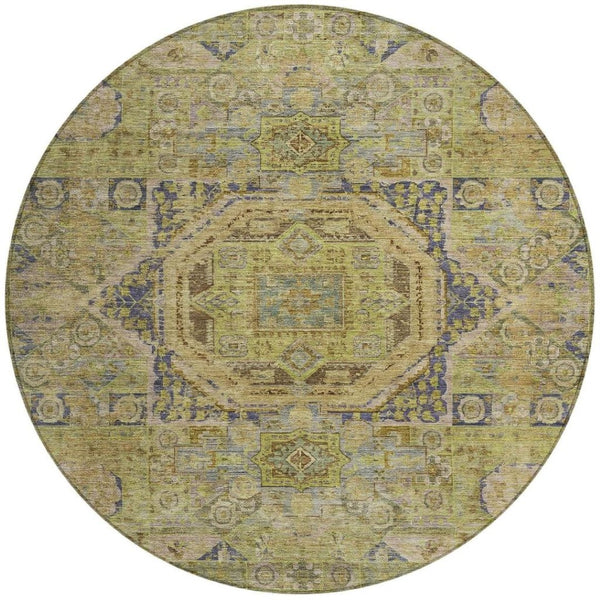 HomeRoots 8' Artichoke Green & Blue Round Medallion Rug - Washable, Stylish, and Durable for Indoor/Outdoor Use 619537