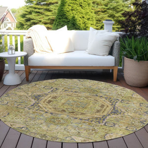 HomeRoots 8' Artichoke Green & Blue Round Medallion Rug - Washable, Stylish, and Durable for Indoor/Outdoor Use 619537