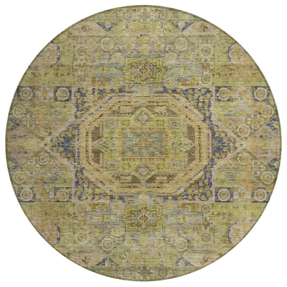 HomeRoots 8' Artichoke Green & Blue Round Medallion Rug - Washable, Stylish, and Durable for Indoor/Outdoor Use 619537