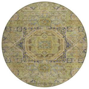 HomeRoots 8' Artichoke Green & Blue Round Medallion Rug - Washable, Stylish, and Durable for Indoor/Outdoor Use 619537