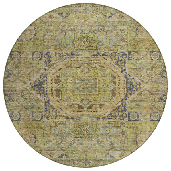 HomeRoots 8' Artichoke Green & Blue Round Medallion Rug - Washable, Stylish, and Durable for Indoor/Outdoor Use 619537