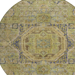 HomeRoots 8' Artichoke Green & Blue Round Medallion Rug - Washable, Stylish, and Durable for Indoor/Outdoor Use 619537