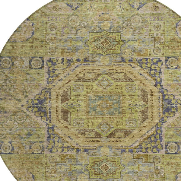 HomeRoots 8' Artichoke Green & Blue Round Medallion Rug - Washable, Stylish, and Durable for Indoor/Outdoor Use 619537