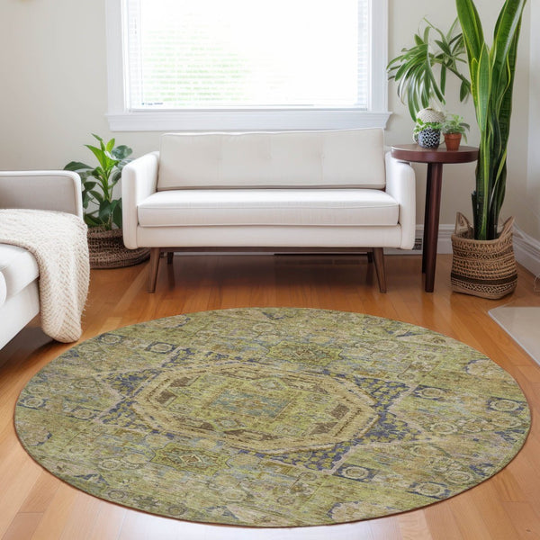 HomeRoots 8' Artichoke Green & Blue Round Medallion Rug - Washable, Stylish, and Durable for Indoor/Outdoor Use 619537