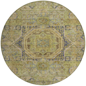 HomeRoots 8' Artichoke Green & Blue Round Medallion Rug - Washable, Stylish, and Durable for Indoor/Outdoor Use 619537