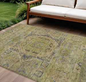 HomeRoots 8' X 10' Artichoke Green & Blue Medallion Area Rug - Washable, Durable, Indoor/Outdoor Versatility! 619538