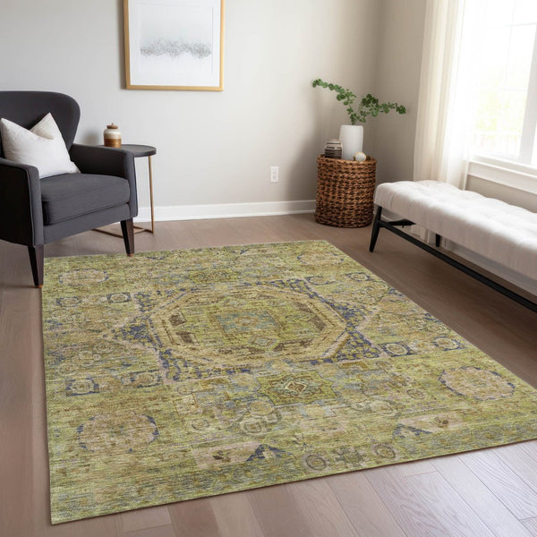 HomeRoots 8' X 10' Artichoke Green & Blue Medallion Area Rug - Washable, Durable, Indoor/Outdoor Versatility! 619538