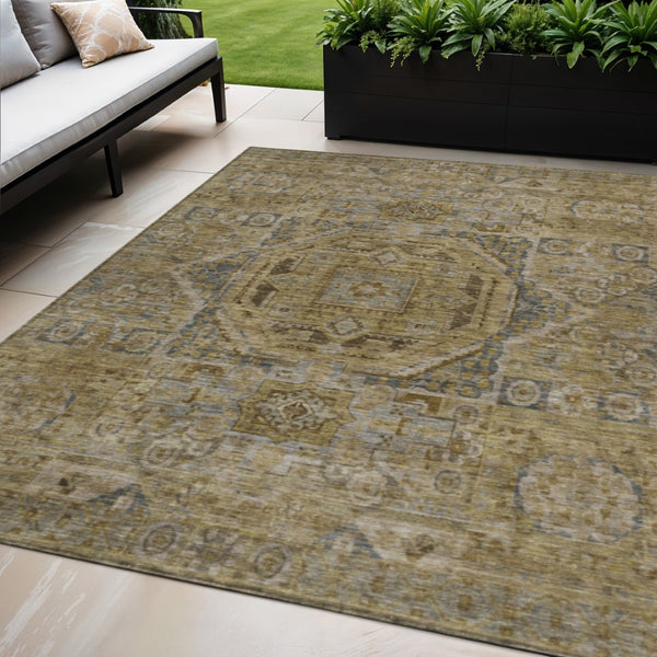 HomeRoots 5' X 8' Brown and Blue Medallion Washable Area Rug - Stylish, Durable, Indoor/Outdoor Charm for All Spaces 619542