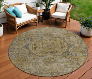 HomeRoots 8' Round Medallion Area Rug - Stylish Brown & Blue Washable Design for Indoor/Outdoor Versatility 619543