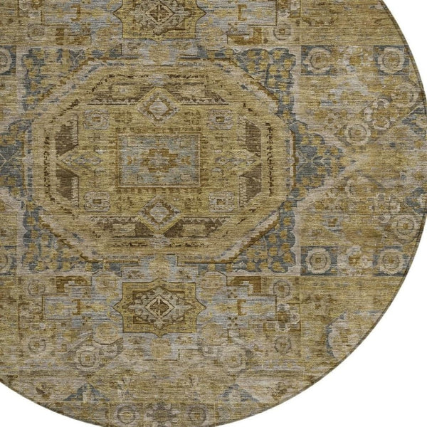 HomeRoots 8' Round Medallion Area Rug - Stylish Brown & Blue Washable Design for Indoor/Outdoor Versatility 619543