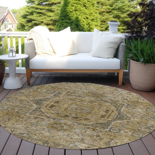 HomeRoots 8' Round Medallion Area Rug - Stylish Brown & Blue Washable Design for Indoor/Outdoor Versatility 619543