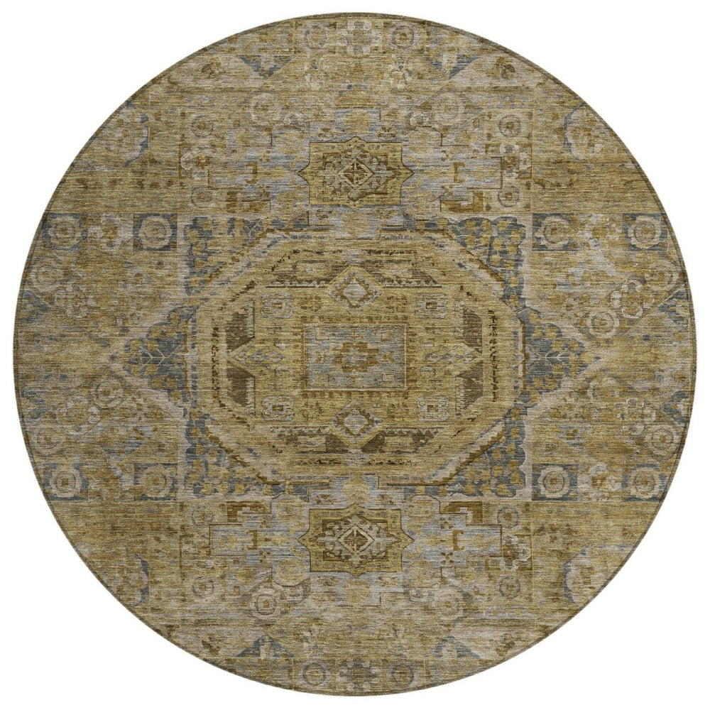 HomeRoots 8' Round Medallion Area Rug - Stylish Brown & Blue Washable Design for Indoor/Outdoor Versatility 619543