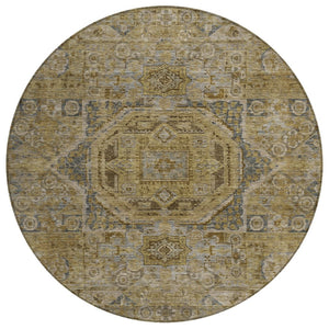 HomeRoots 8' Round Medallion Area Rug - Stylish Brown & Blue Washable Design for Indoor/Outdoor Versatility 619543