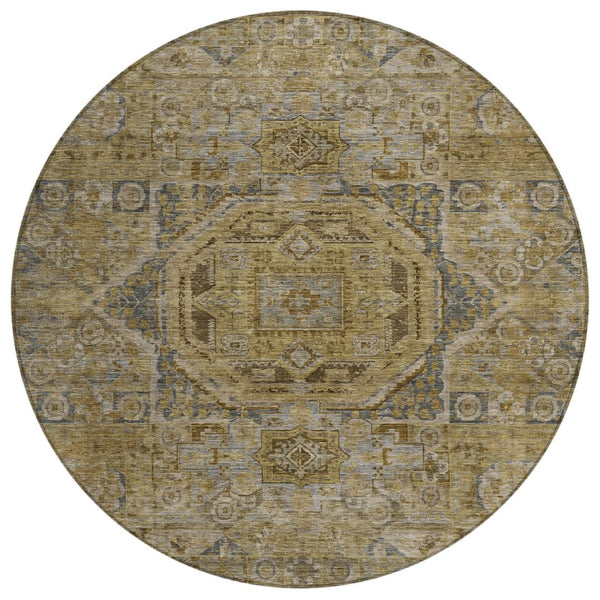 HomeRoots 8' Round Medallion Area Rug - Stylish Brown & Blue Washable Design for Indoor/Outdoor Versatility 619543