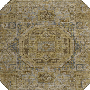 HomeRoots 8' Round Medallion Area Rug - Stylish Brown & Blue Washable Design for Indoor/Outdoor Versatility 619543