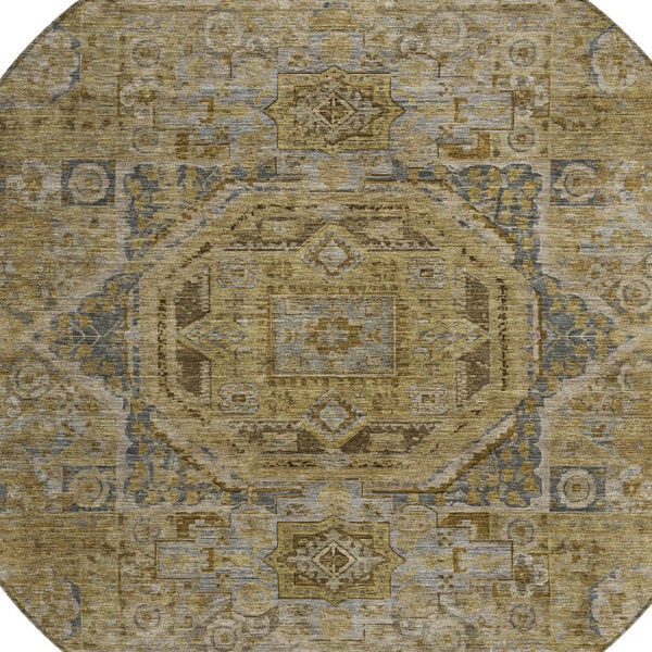 HomeRoots 8' Round Medallion Area Rug - Stylish Brown & Blue Washable Design for Indoor/Outdoor Versatility 619543