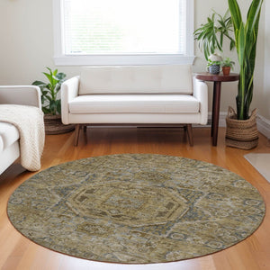 HomeRoots 8' Round Medallion Area Rug - Stylish Brown & Blue Washable Design for Indoor/Outdoor Versatility 619543