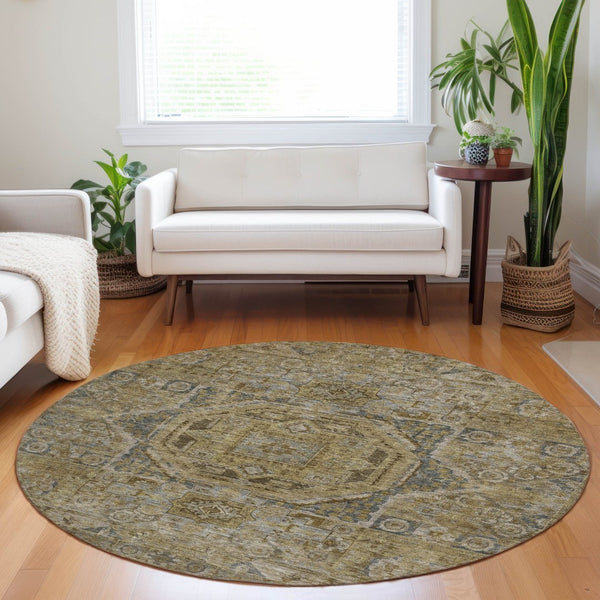HomeRoots 8' Round Medallion Area Rug - Stylish Brown & Blue Washable Design for Indoor/Outdoor Versatility 619543