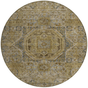 HomeRoots 8' Round Medallion Area Rug - Stylish Brown & Blue Washable Design for Indoor/Outdoor Versatility 619543