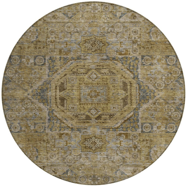 HomeRoots 8' Round Medallion Area Rug - Stylish Brown & Blue Washable Design for Indoor/Outdoor Versatility 619543