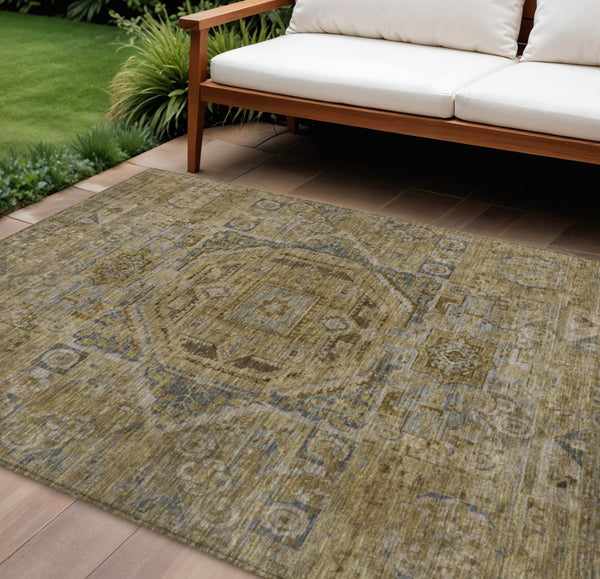 HomeRoots 8' X 10' Brown and Blue Medallion Area Rug - Washable, Durable, Indoor & Outdoor Use, Easy Care 619544