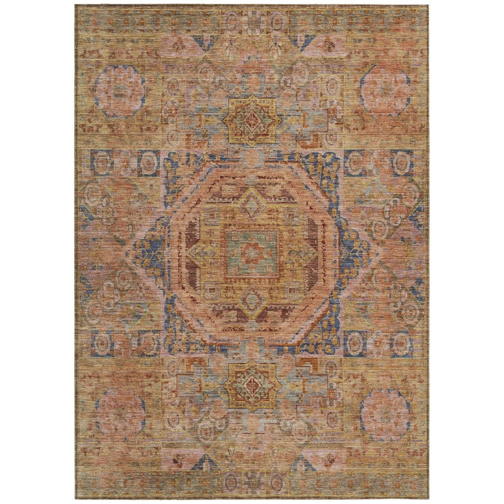 HomeRoots 5' X 8' Indoor Outdoor Area Rug - Rust and Blue Medallion Design, Washable, Durable for High Traffic Areas 619554