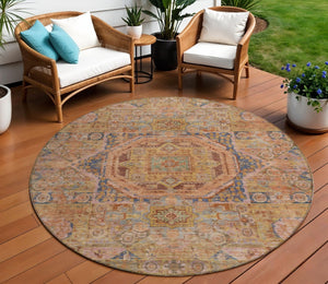 HomeRoots 8' Round Medallion Area Rug - Washable, Durable Design in Rust & Blue for Indoor/Outdoor Elegance 619555