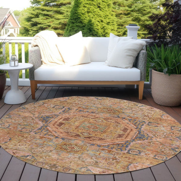 HomeRoots 8' Round Medallion Area Rug - Washable, Durable Design in Rust & Blue for Indoor/Outdoor Elegance 619555