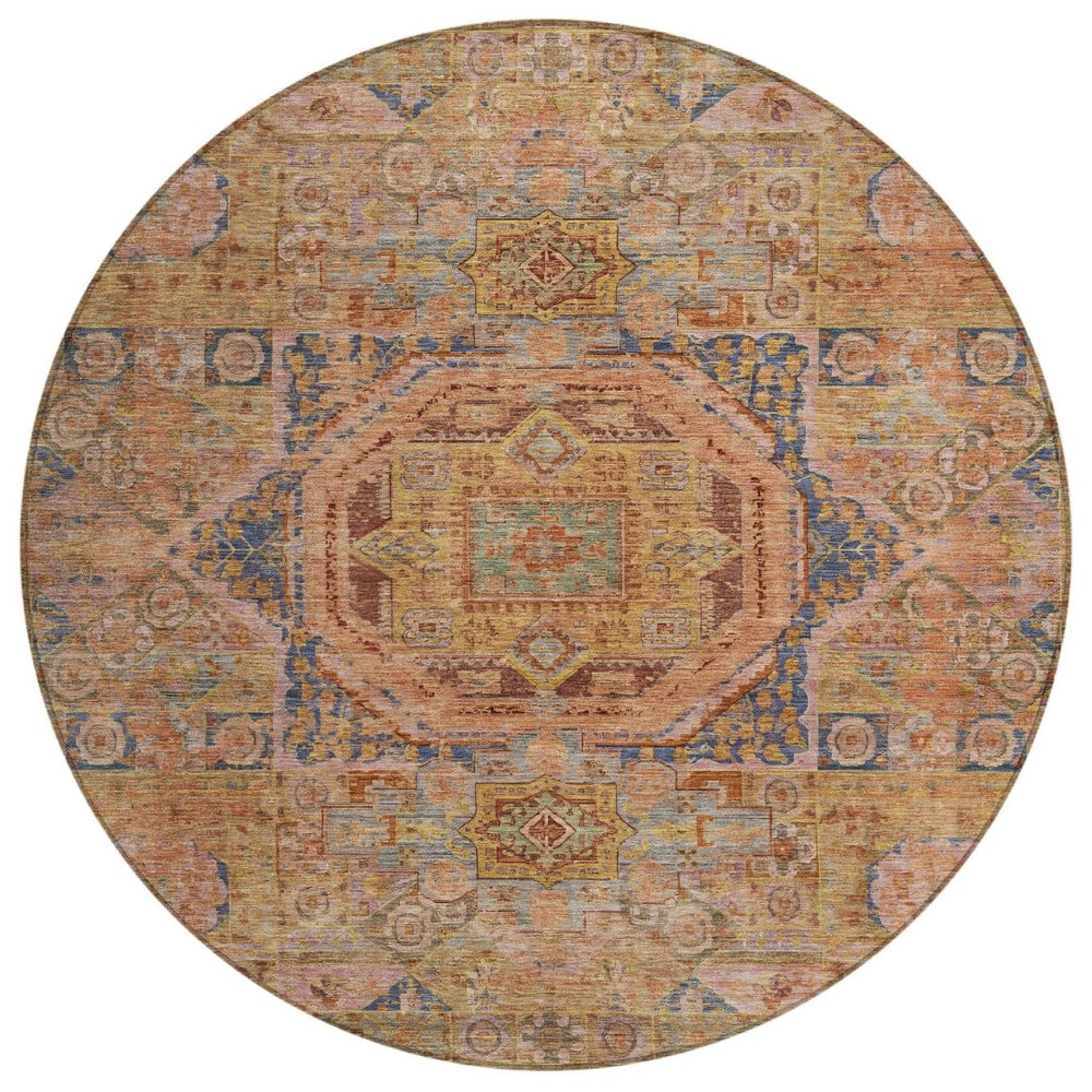 HomeRoots 8' Round Medallion Area Rug - Washable, Durable Design in Rust & Blue for Indoor/Outdoor Elegance 619555