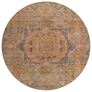 HomeRoots 8' Round Medallion Area Rug - Washable, Durable Design in Rust & Blue for Indoor/Outdoor Elegance 619555