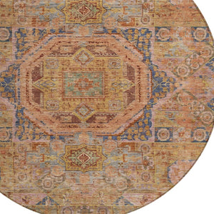 HomeRoots 8' Round Medallion Area Rug - Washable, Durable Design in Rust & Blue for Indoor/Outdoor Elegance 619555