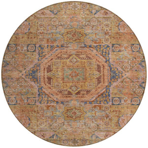 HomeRoots 8' Round Medallion Area Rug - Washable, Durable Design in Rust & Blue for Indoor/Outdoor Elegance 619555
