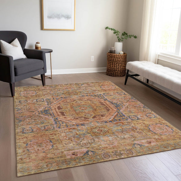 HomeRoots 9' X 12' Stylish Rust and Blue Medallion Area Rug - Durable, Washable, Perfect for Indoor or Outdoor Use! 619557