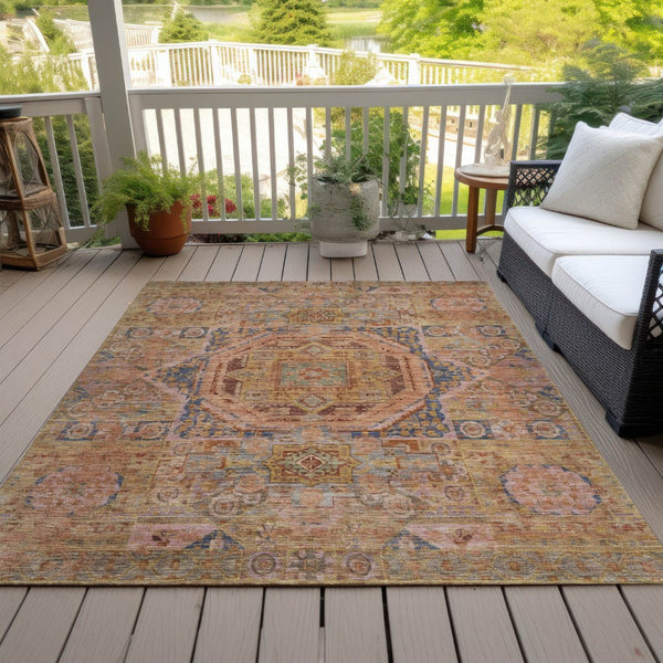 HomeRoots 9' X 12' Stylish Rust and Blue Medallion Area Rug - Durable, Washable, Perfect for Indoor or Outdoor Use! 619557