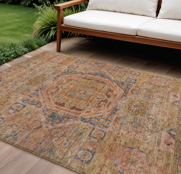 HomeRoots 10' Rust and Blue Medallion Area Rug - Stylish, Durable, Machine Washable for Indoor & Outdoor Use! 619558