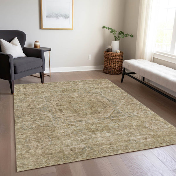 HomeRoots 5' X 8' Tan and Gray Medallion Rug - Durable, Washable, Versatile Indoor/Outdoor Area Accent for Your Home 619572