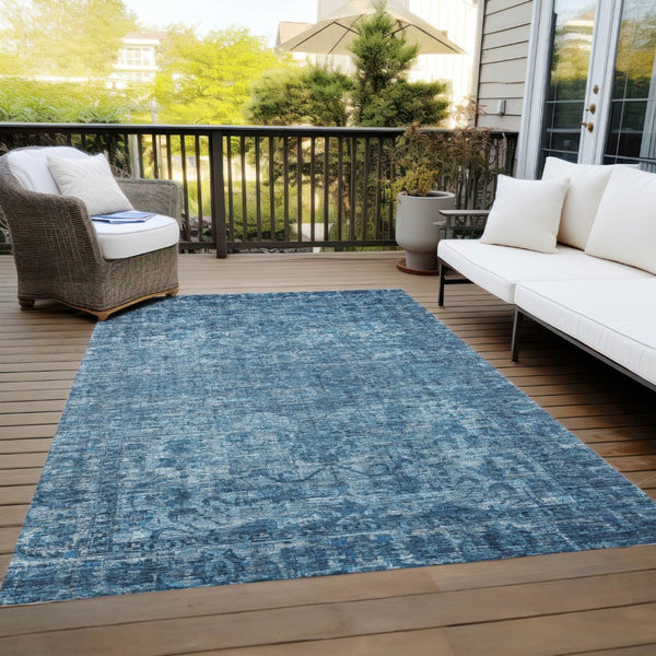 HomeRoots 9' X 12' Elegant Blue & Ivory Floral Medallion Washable Area Rug for Indoor/Outdoor Spaces 619587