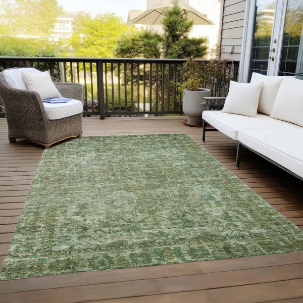 HomeRoots 5' Olive Green & Ivory Floral Medallion Area Rug - Washable, Durable, Indoor/Outdoor Versatile Design 619590