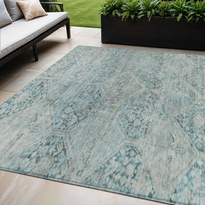 HomeRoots 5' X 8' Blue and Silver Geometric Rug - Durable, Washable, Stylish for Indoor & Outdoor Spaces! 619614
