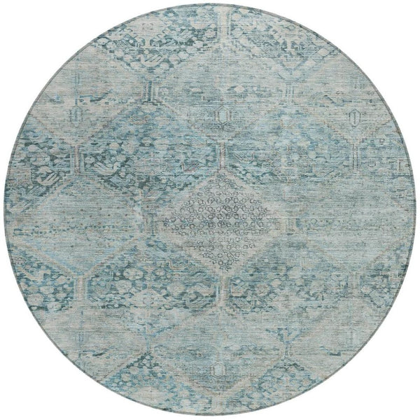 HomeRoots 8' Blue and Silver Round Geometric Area Rug - Stylish, Durable, and Washable for Indoor & Outdoor Use 619615
