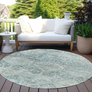 HomeRoots 8' Blue and Silver Round Geometric Area Rug - Stylish, Durable, and Washable for Indoor & Outdoor Use 619615