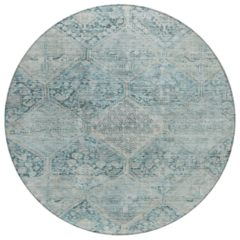 HomeRoots 8' Blue and Silver Round Geometric Area Rug - Stylish, Durable, and Washable for Indoor & Outdoor Use 619615