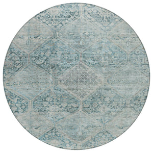 HomeRoots 8' Blue and Silver Round Geometric Area Rug - Stylish, Durable, and Washable for Indoor & Outdoor Use 619615