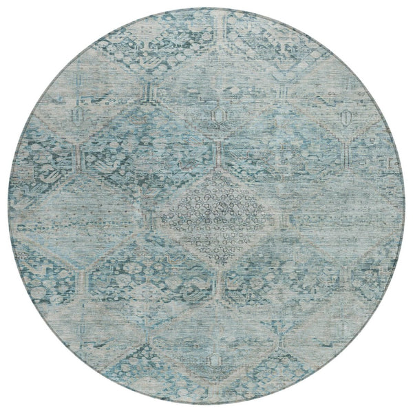 HomeRoots 8' Blue and Silver Round Geometric Area Rug - Stylish, Durable, and Washable for Indoor & Outdoor Use 619615