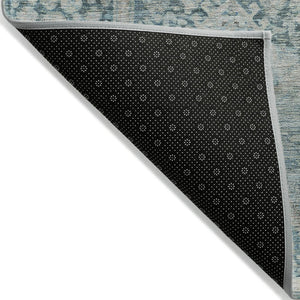 HomeRoots 8' Blue and Silver Round Geometric Area Rug - Stylish, Durable, and Washable for Indoor & Outdoor Use 619615