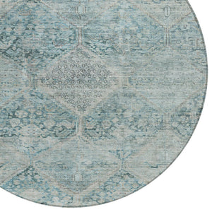HomeRoots 8' Blue and Silver Round Geometric Area Rug - Stylish, Durable, and Washable for Indoor & Outdoor Use 619615