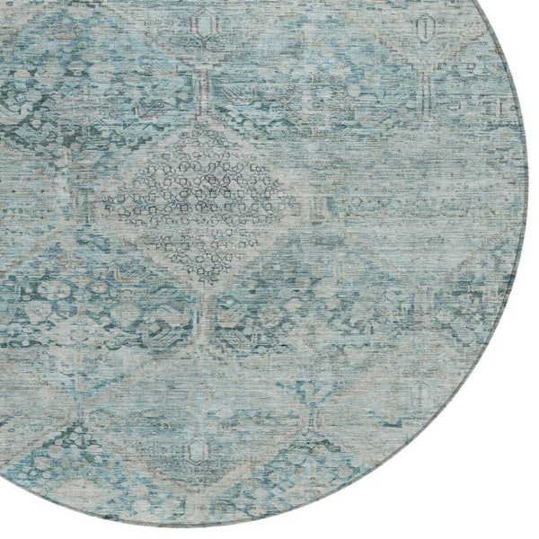 HomeRoots 8' Blue and Silver Round Geometric Area Rug - Stylish, Durable, and Washable for Indoor & Outdoor Use 619615