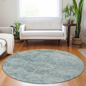 HomeRoots 8' Blue and Silver Round Geometric Area Rug - Stylish, Durable, and Washable for Indoor & Outdoor Use 619615